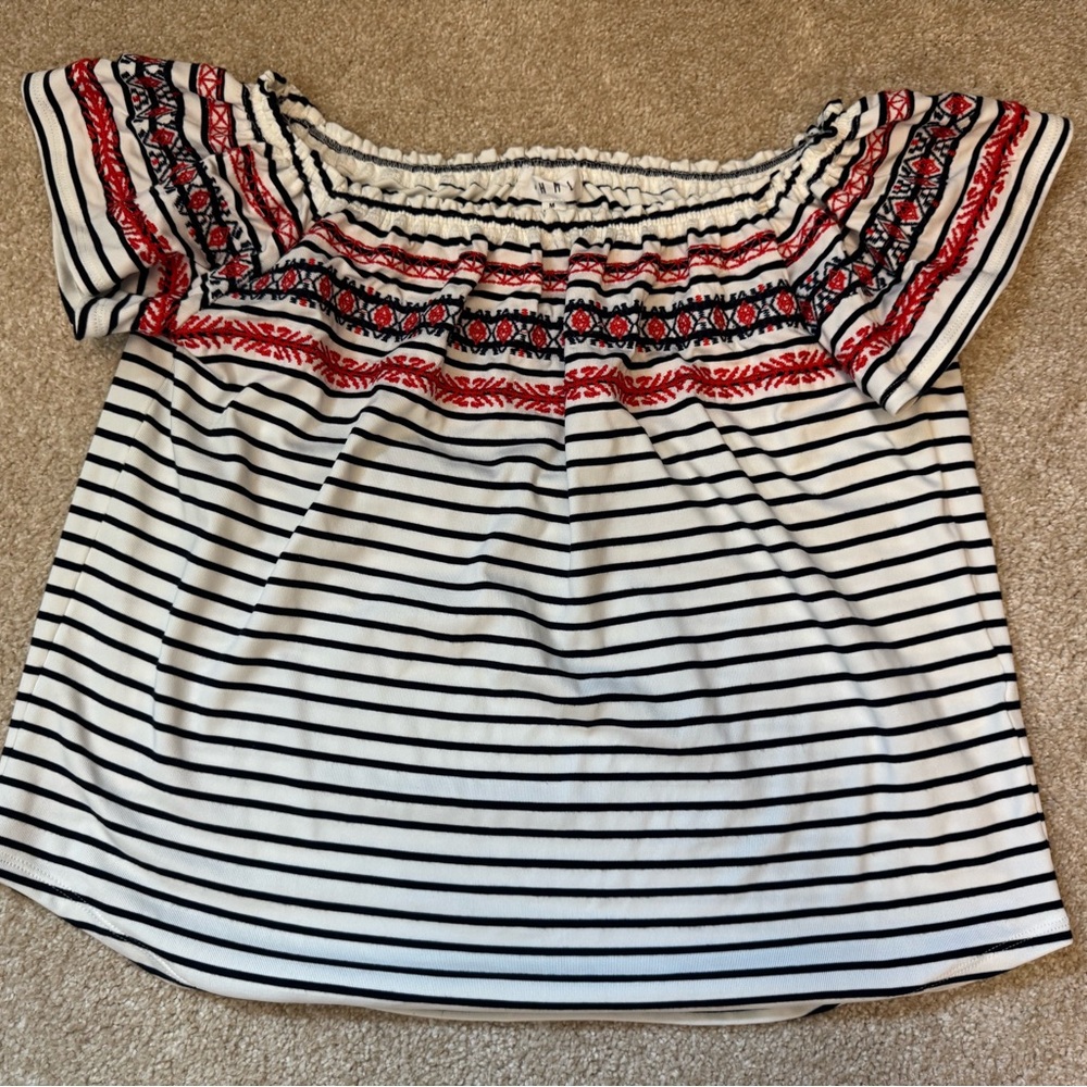 THML Blue and White Smocked Blouse with Red Embroidery